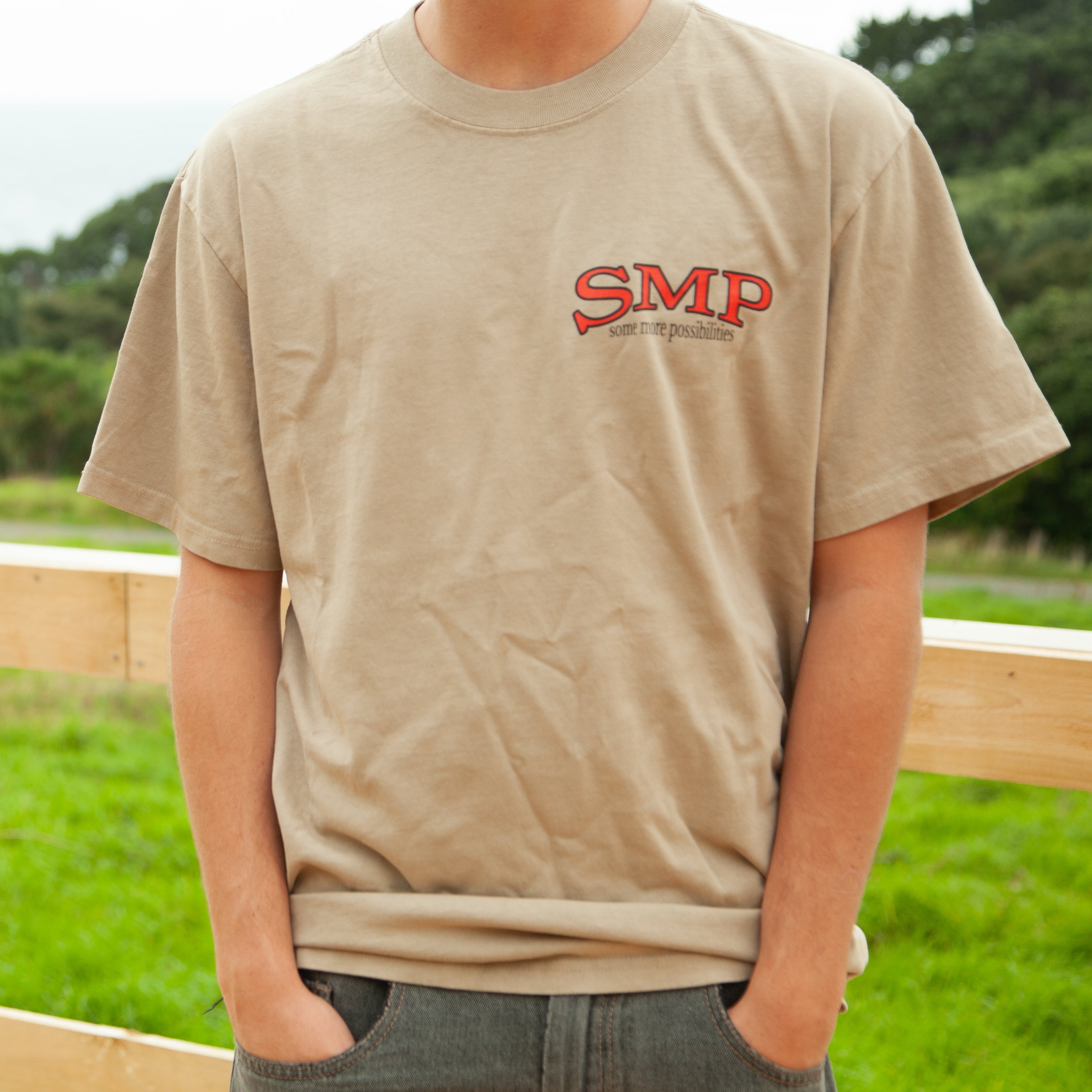 Swindle SMP Some More Possibilities T Shirt ~ faded khaki. ON SALE ! NOW $48.50